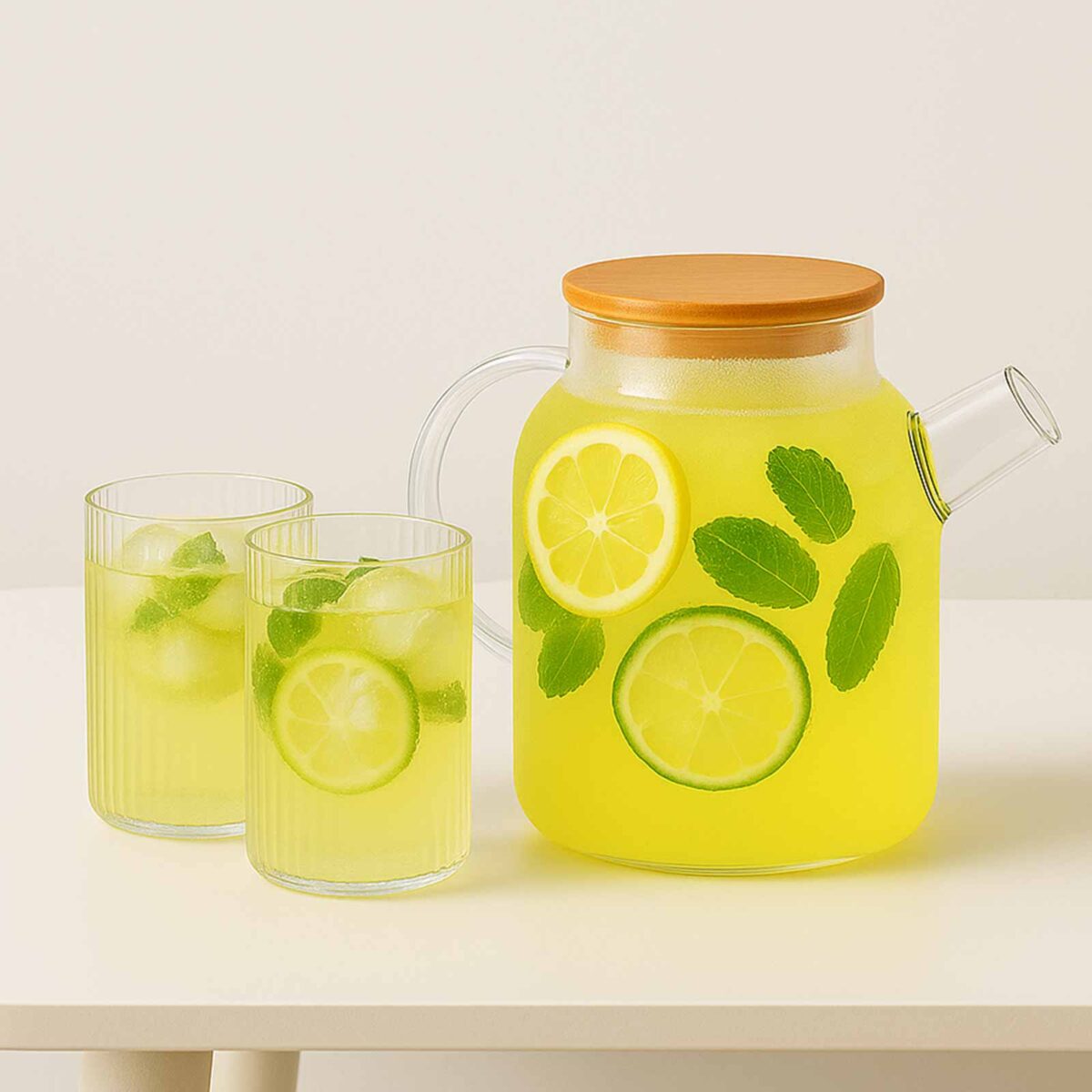 setkanata <strong>1 γυάλινη κανάτα 1800ml από βοριουριτικο γυαλί</strong> <strong>2 ριγέ γυάλινα ποτήρια 260ml από βοριουριτικο γυαλί</strong>
